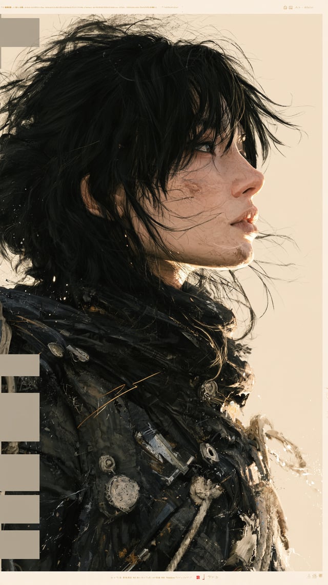 A minimalist high-fashion anime poster in vertical 9:16 format, featuring a side-profile portrait of