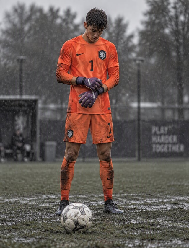 A young soccer goalkeeper stands on a rain-soaked grass pitch, head lowered as he adjusts his purple
