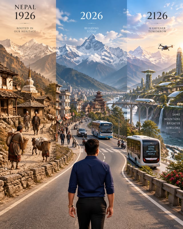 Title: Nepal 1926 → 2026 → 2126Prompt:Create a premium cinematic editorial composition showing one c
