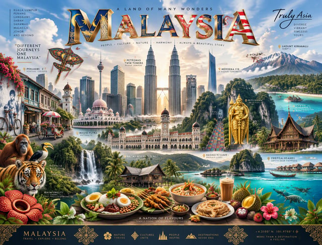 Ultra-premium cinematic 3D travel poster for MALAYSIA, bright luxury aesthetic, soft tropical sunlig