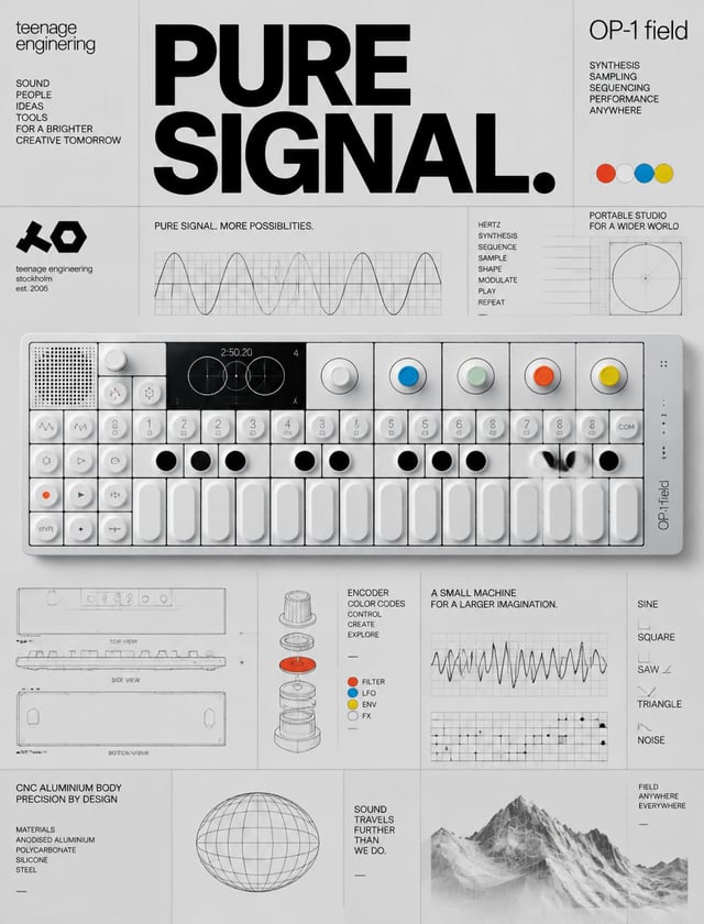 ### 提示词：Teenage Engineering "PURE SIGNAL" 包豪斯机能海报#### [PROMPT - POSITIVE]A 4:5 vertical Scandinavian
