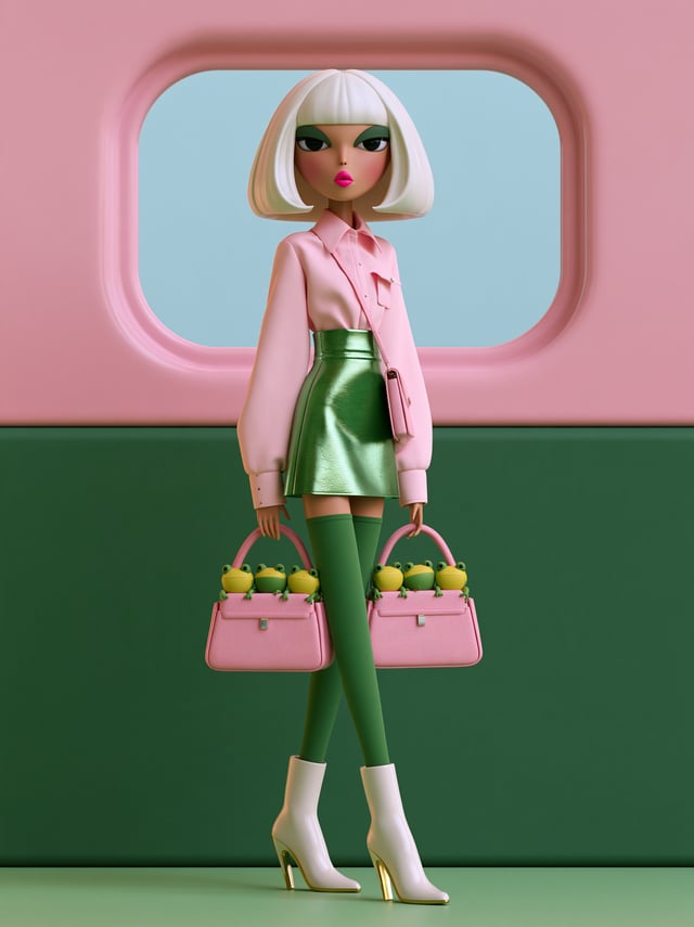 a full length 3d render of a stylized female figure in a train interior, designed in a modern toy st