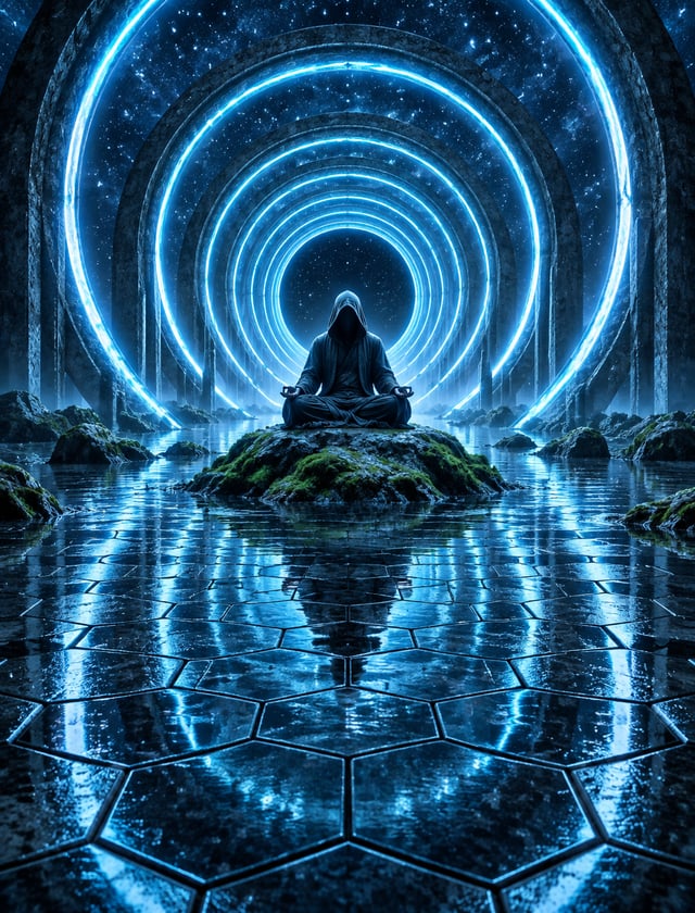 A hooded figure sits cross-legged in meditation on a moss-covered rock, centered within a vast symme