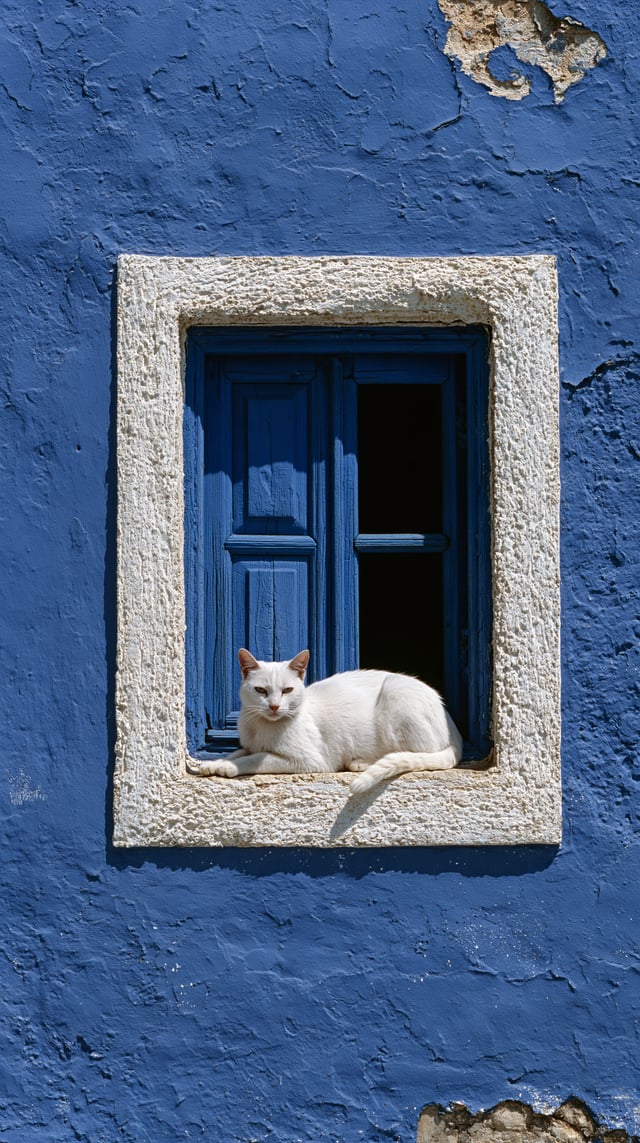 create a blue color wall of a home with a small window and a white cat resting on the edge of the wi