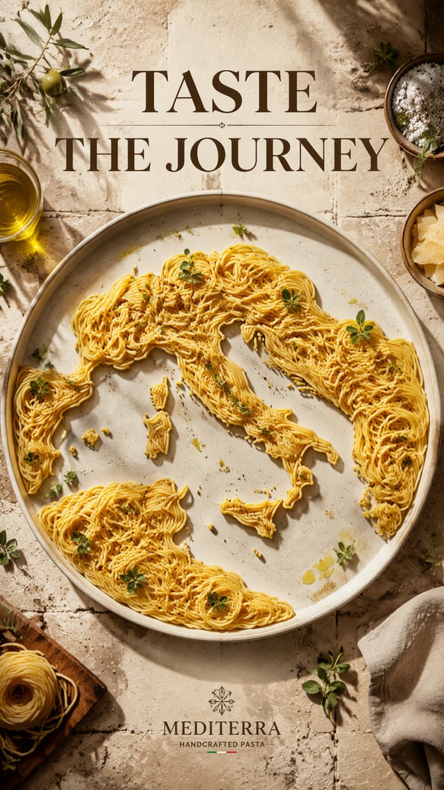Premium 4:5 premium pasta advertising poster.A plate of handmade pasta arranged so precisely that th