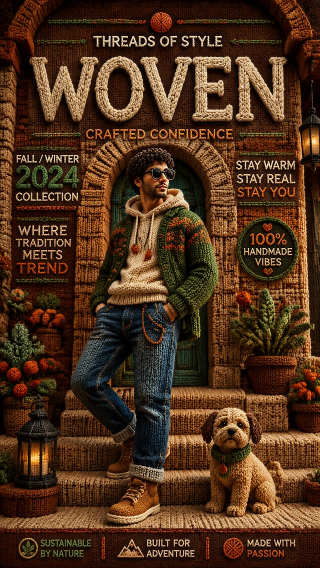 Premium cinematic poster in a highly detailed knitted wool / stop-motion fabric style. Every element