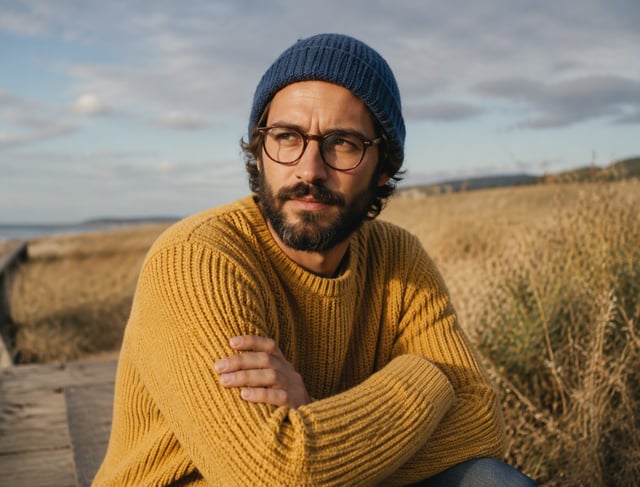 Medium shot of a man with glasses and beard wearing a blue beanie and textured yellow sweater, sitti
