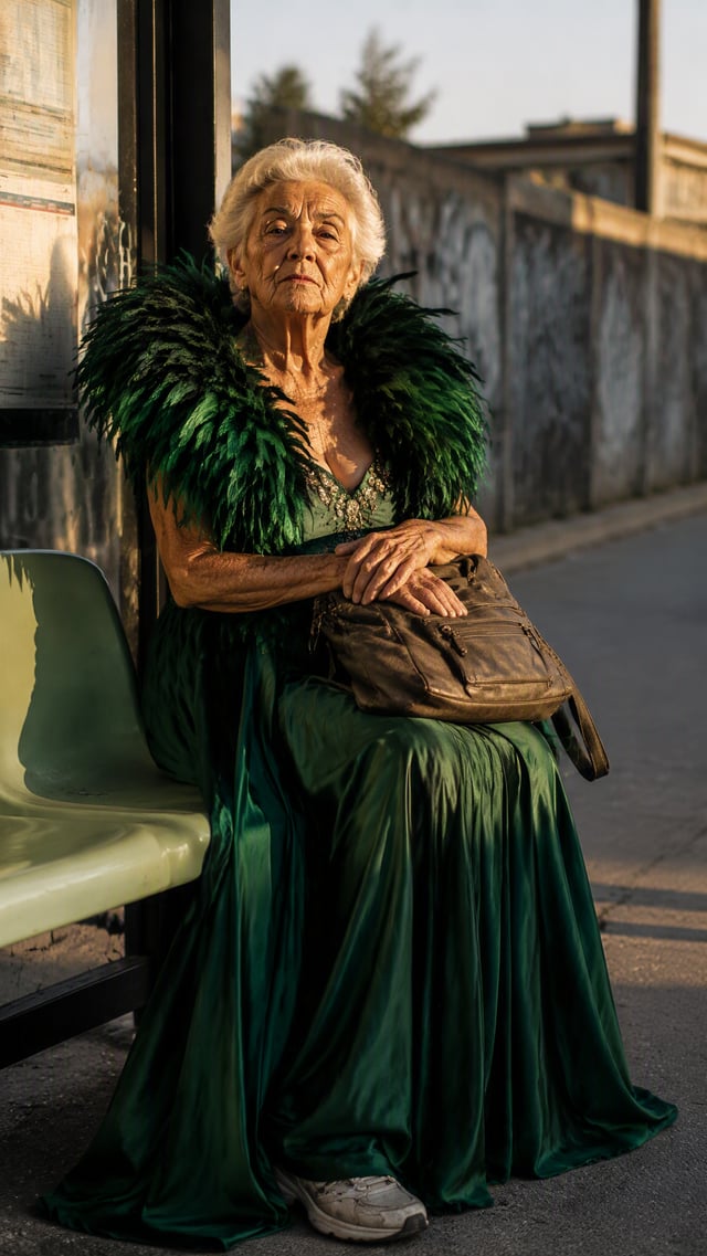 Full-length editorial photograph of an 82-year-old woman with deep wrinkles and short silver hair, w