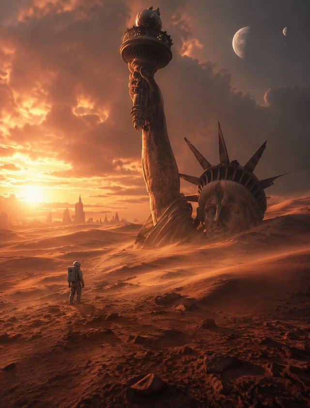 Photorealistic cinematic scene of a lone astronaut exploring an enormous red desert on an unknown pl