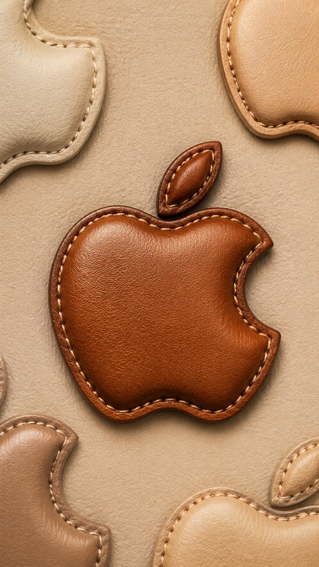A 3D embossed stitched leather Apple logo in warm cognac brown, padded effect with detailed edge sti