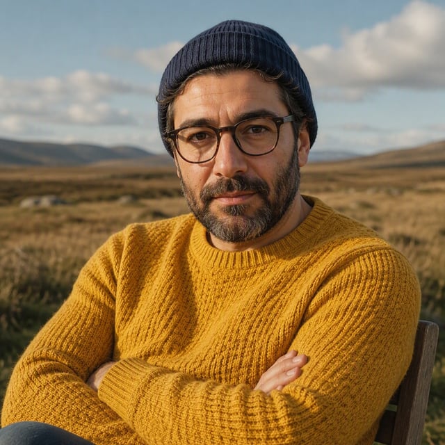 Medium shot of a man with glasses and beard wearing a blue beanie and textured yellow sweater, sitti