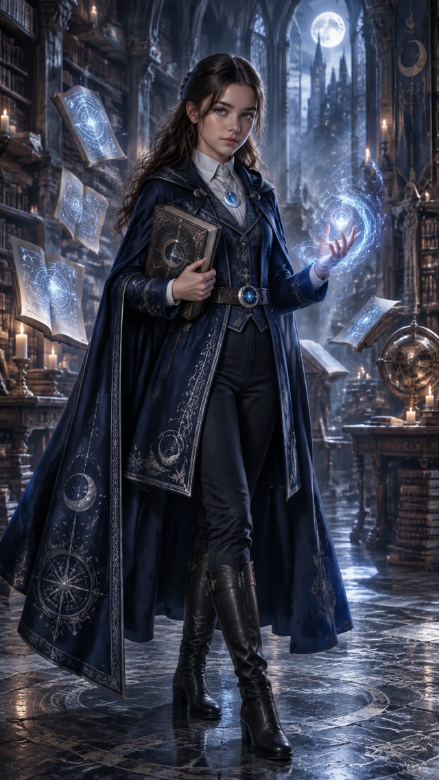 Create a cinematic fantasy character portrait of Lyra Moonfall, a 15-year-old brilliant and courageo