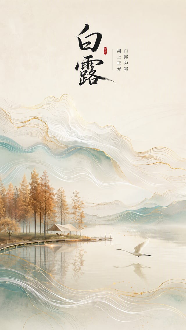 统一风格骨架（每张共用）新国风竖版海报，9:16。巨大的留白为画面增添了庄重与简约。中心区域呈现出一幅由无数细腻的金色、银色和【按每一张提示的主题色】色线条构成的抽象山水画。线条在画面中渐变流动，仿佛