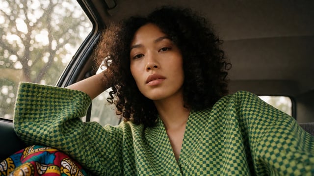 A close-up smartphone portrait frames a woman seated inside a car, gazing directly into the lens wit