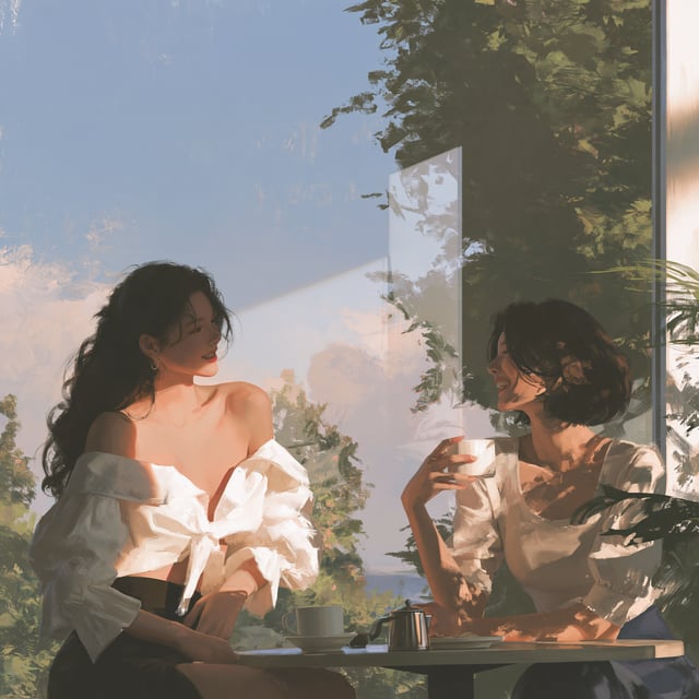 Two women chatting happily and excitedly in a café by the window, bathed in soft sunlight; they are 