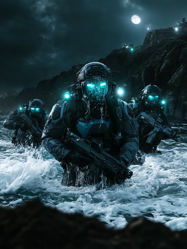 A highly detailed, cinematic photograph of four heavily armed futuristic special forces combat diver