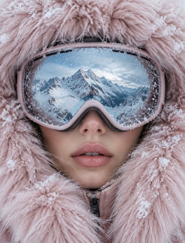 A close-up portrait centers a woman bundled inside an oversized pale blush-pink faux-fur winter hood