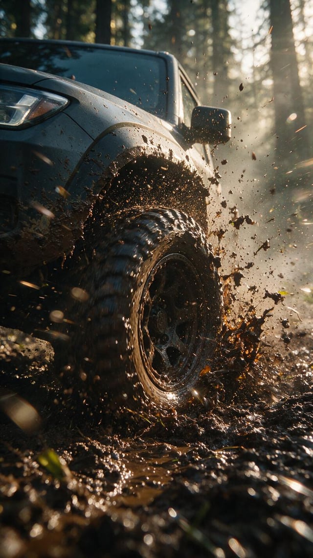 Shot: Hyper-realistic, low Dutch angle action shot focusing on an SUV's front wheel churning through