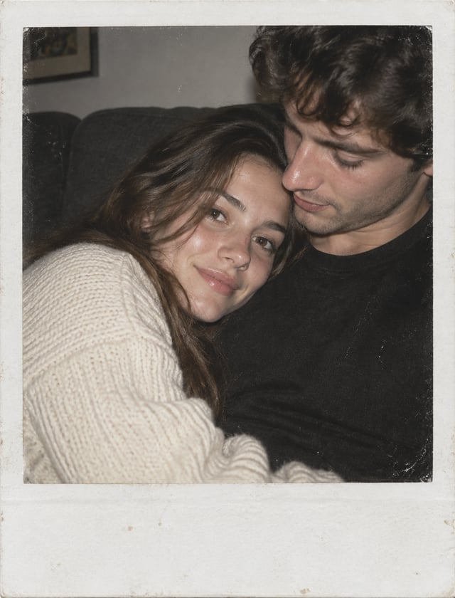 A close, intimate instant-film portrait captures a young couple reclining together, the woman leanin