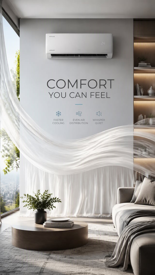 Premium 4:5 advertising poster for a premium air conditioner. A modern wall-mounted air conditioner 