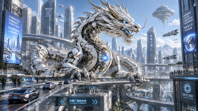 巨型白色机甲中国神龙，盘踞在未来科技 CBD 高架道路上，主体为白色哑光机甲搭配金色金属细节，精密外露齿轮、管线结构，胸口、四肢、头部内嵌柔和蓝色能量光效；背景是宏大未来都市，林立科幻摩天大楼，空中环