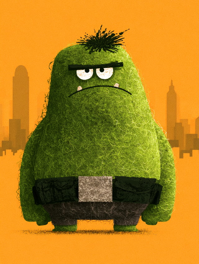 A stylized, rounded caricature of hulk stands centered against a vibrant, flat city background, rend