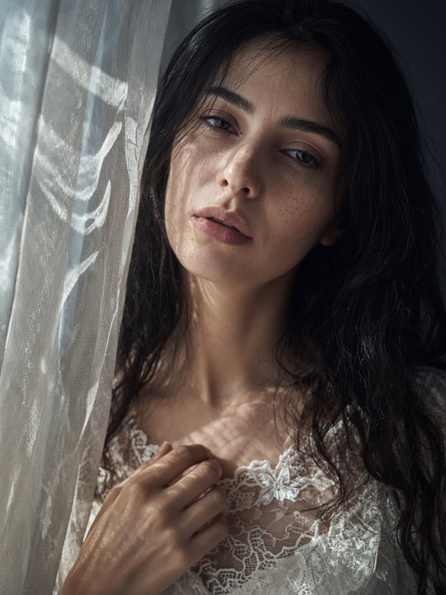 Intimate close-up portrait of an adult woman, head tilted gracefully toward the camera, one hand res