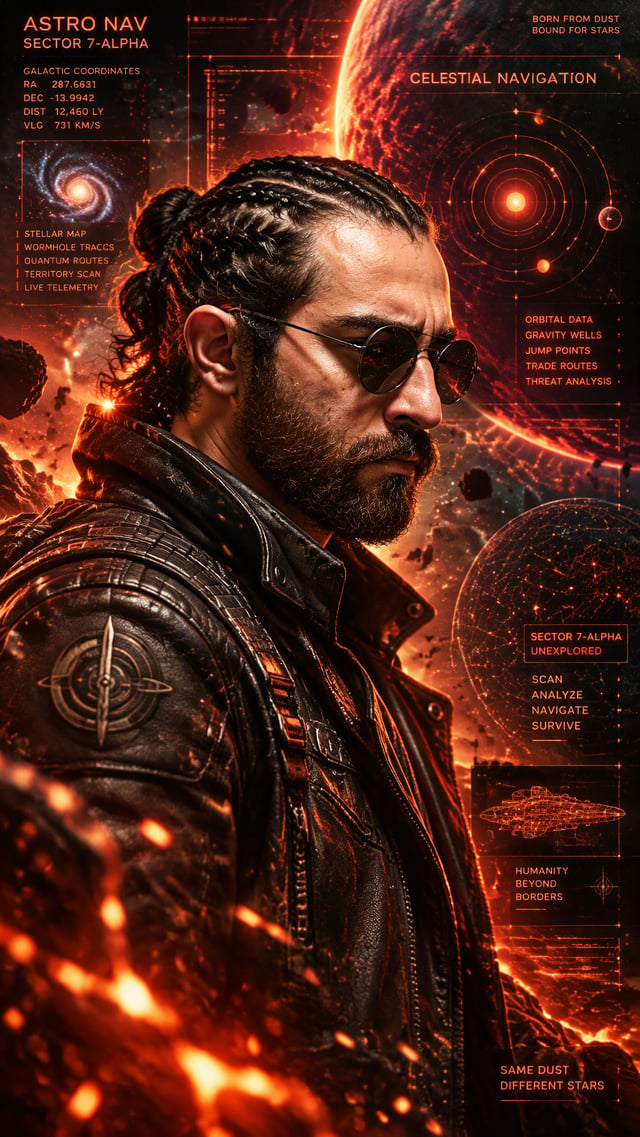 A cinematic side-profile portrait of a rugged man with a tied-back bun and full beard, wearing round