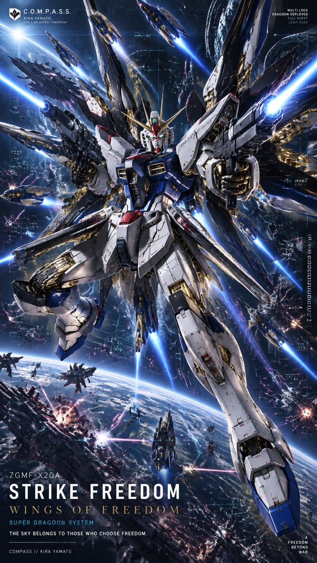 STRIKE FREEDOM GUNDAM — WINGS OF FREEDOM / THE ULTIMATE MOBILE SUITVertical smartphone wallpaper, as