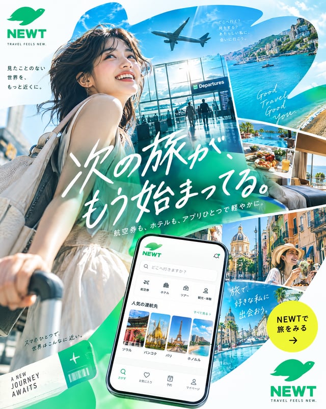 あなたは、トップクラスの広告クリエイティブディレクター、アートディレクター、トラベルフォトグラファー、エディトリアルデザイナー、そして日本語タイポグラフィの専門家です。添付された NEWTのロゴを必ず