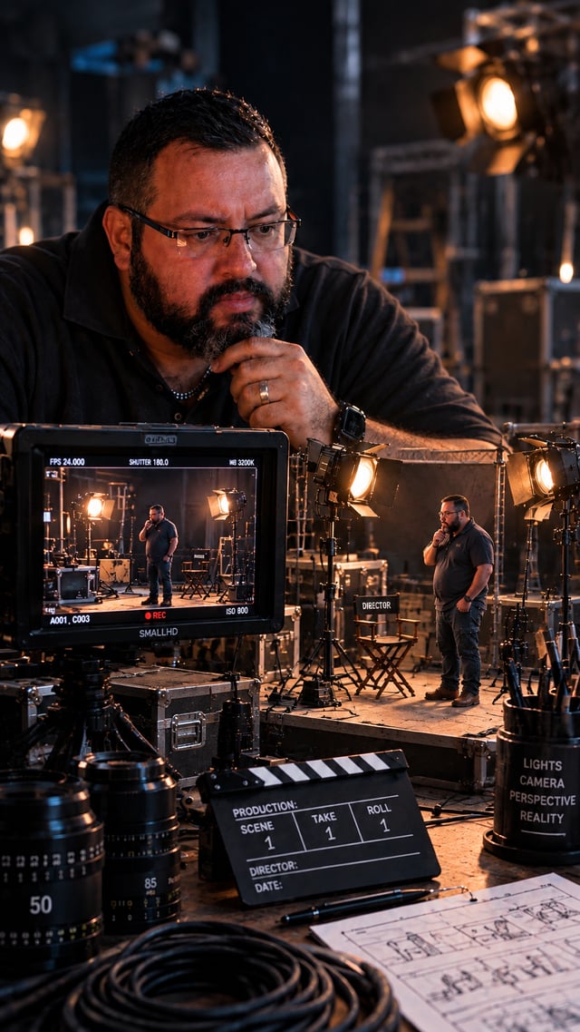 Uma cena de estúdio cinematográfico ultra-realista de um homem supervisionando um set de filme em mi