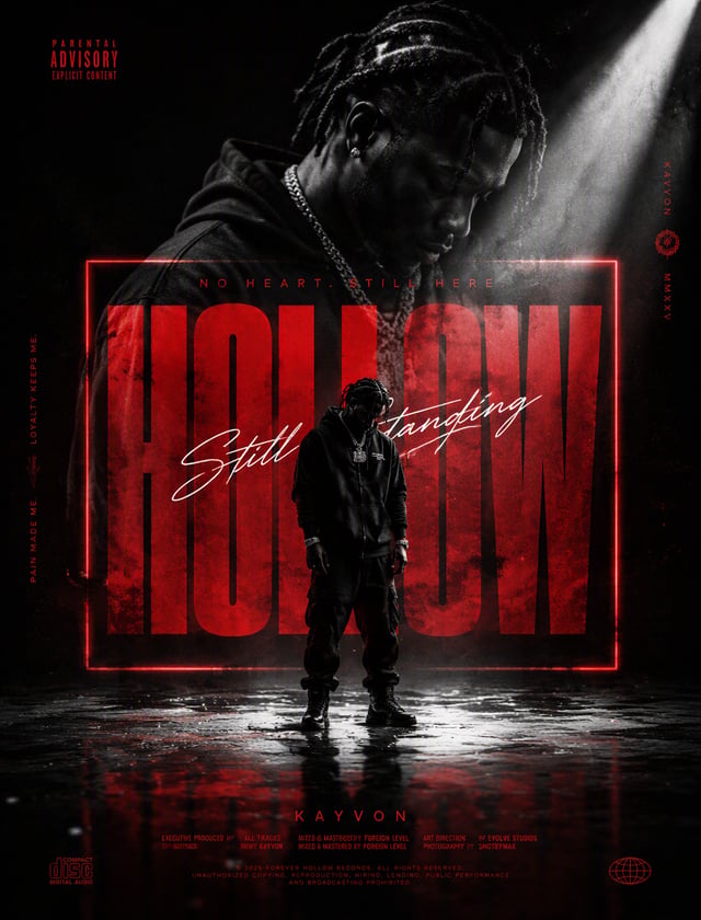 A cinematic music-poster composition features a solitary male performer standing in the foreground o