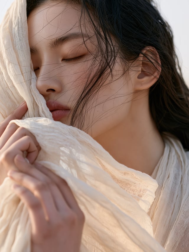 An Asian female model, minimalistic shot in Fusion Desert style. She thoughtfully examines a piece o