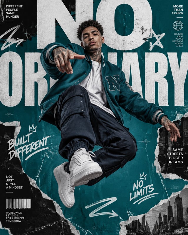 A premium 4:5 urban streetwear editorial advertising poster. Main Subject:A confident young male lig