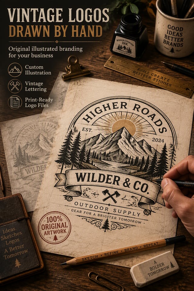 Create a premium vertical 2:3 advertisement for a professional logo design service specializing in v