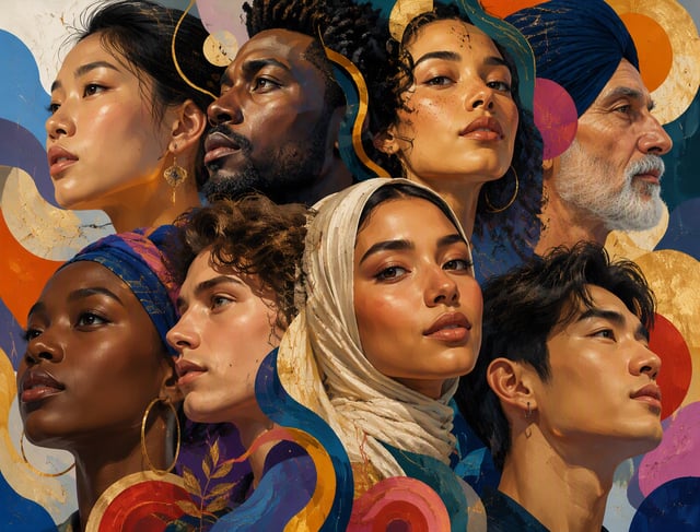 A collage of diverse faces, rendered in a vibrant, almost painterly style, is presented in a dynamic