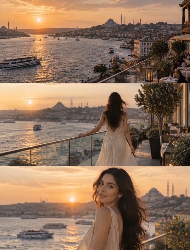 Create a highly realistic cinematic travel video of a young woman enjoying a peaceful sunset moment 