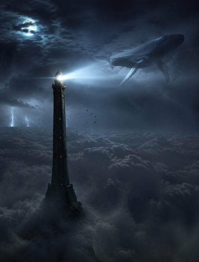 A colossal ancient lighthouse rising from a tiny rocky island in the middle of an endless ocean of c