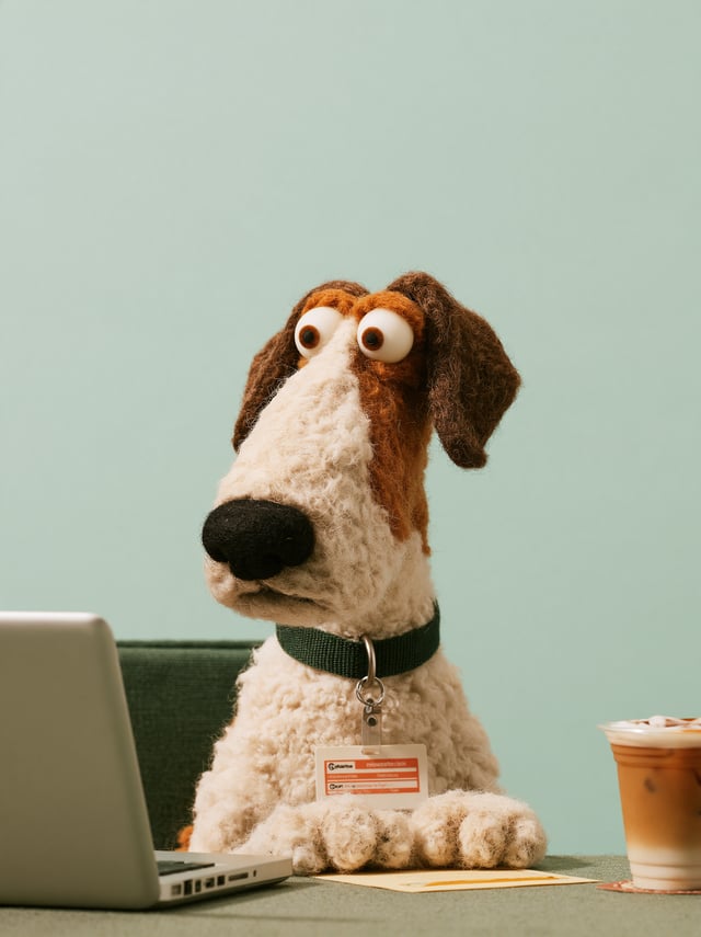 stop-motion felt puppet dog sitting at an office desk explaining something to a cat colleague, weari
