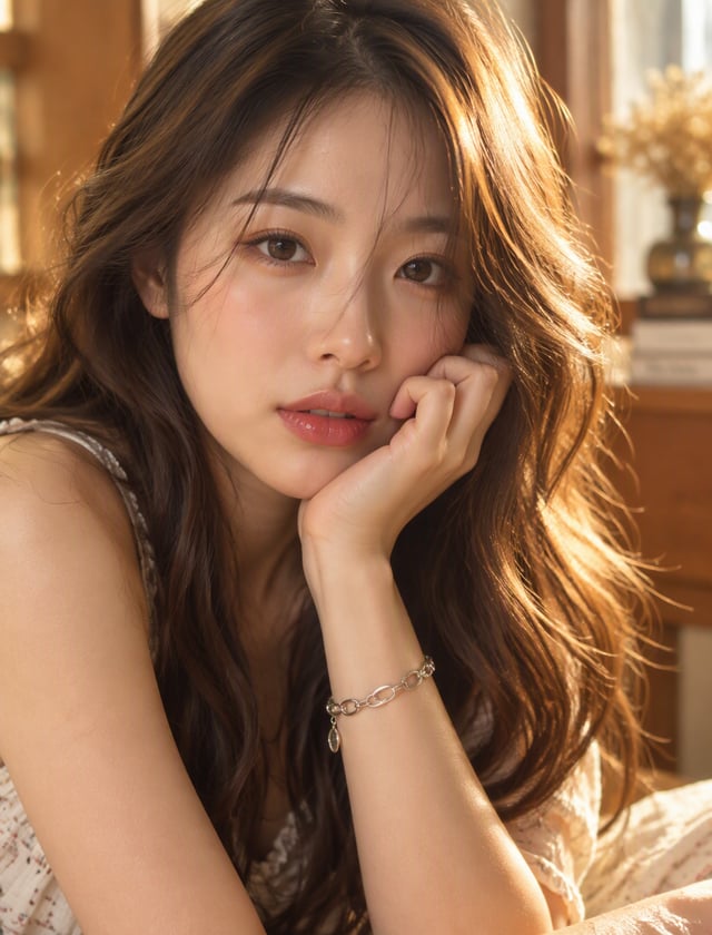 Photorealistic close-up portrait of a young East Asian woman with long, wavy chestnut-brown hair wit