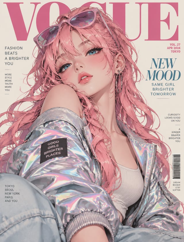 A stylized anime fashion portrait presents a pink-haired young woman reclining toward the viewer, he