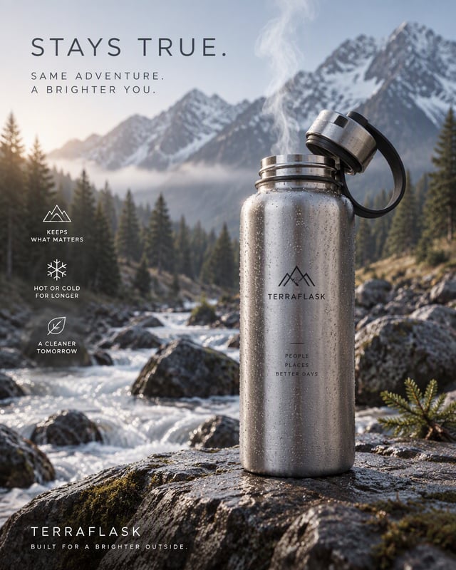 Premium 4:5 advertising poster for a premium insulated water bottle brand. A single brushed steel wa
