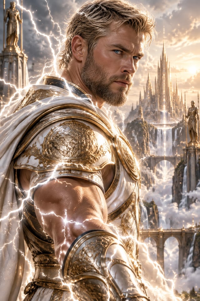 "Ultra-realistic cinematic fantasy portrait of a powerful Norse thunder god warrior, close-up three-
