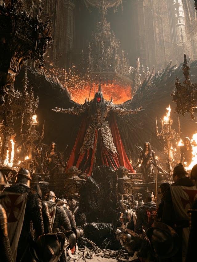 Cinematic full shot, an epic scene inside a dark and opulent gothic throne room. Lucifer, the fallen