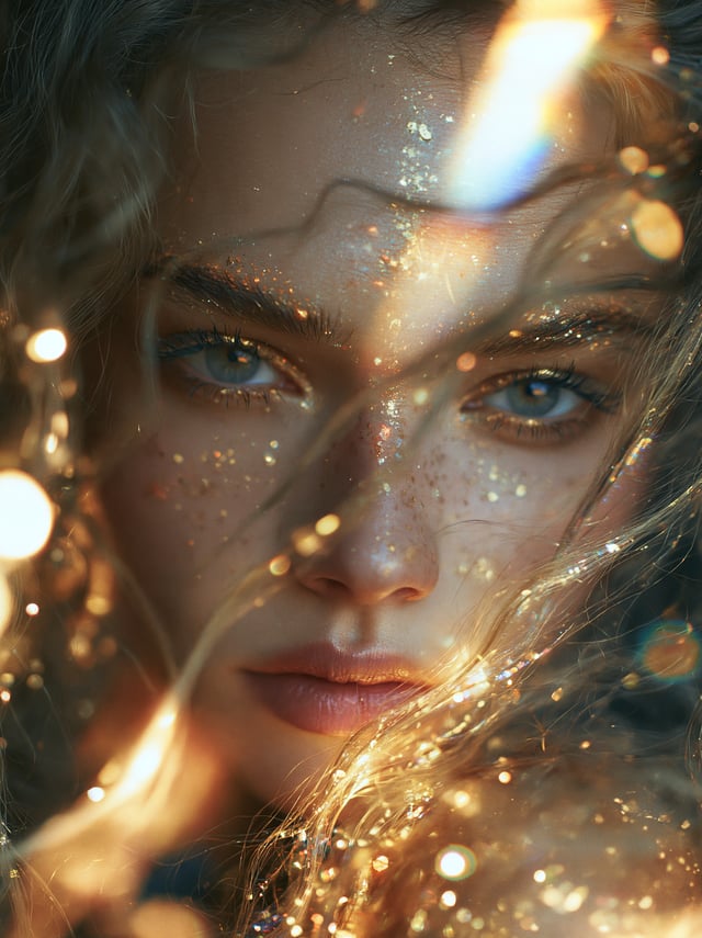 portrait photo a beautiful fairy woman with long curly hair, glowing cosmic particles, refraction li