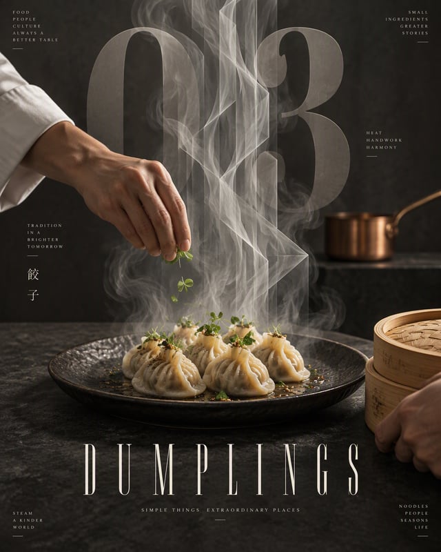 Vertical 4:5 editorial food poster featuring a single plate of handmade steamed dumplings arranged o