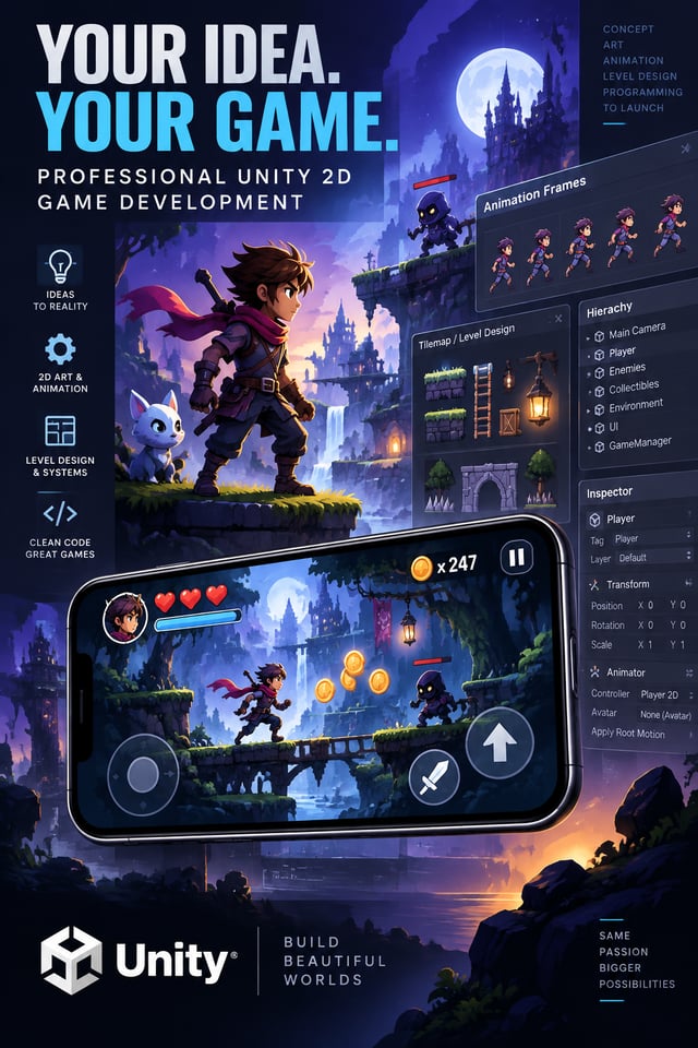 Create a spectacular premium 2:3 vertical social media advertisement for professional Unity 2D game 