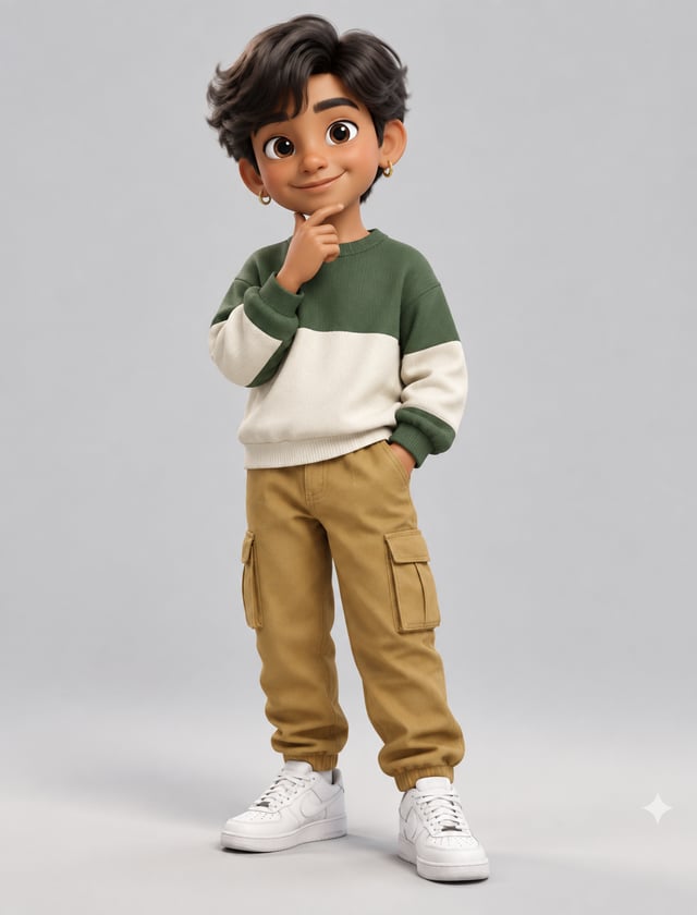 A stylized 3D cartoon boy stands centered against a seamless pale-gray studio background, smiling di