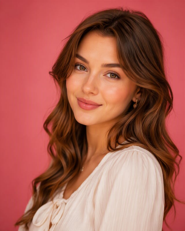 Create a hyper-realistic editorial portrait of a young woman in her early twenties with soft romanti
