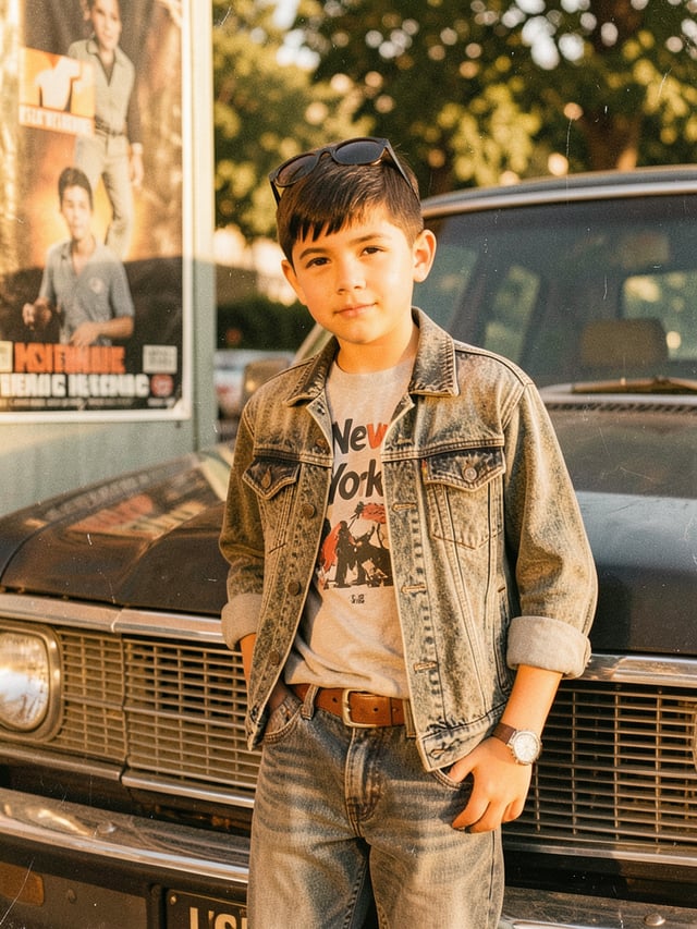 A children with short dark hair, and sunglasses resting on his head leans casually against the hood 